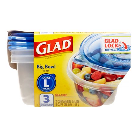 Glad Big Bowl Food Storage Containers, Round, 48 Oz, 3 Ct 